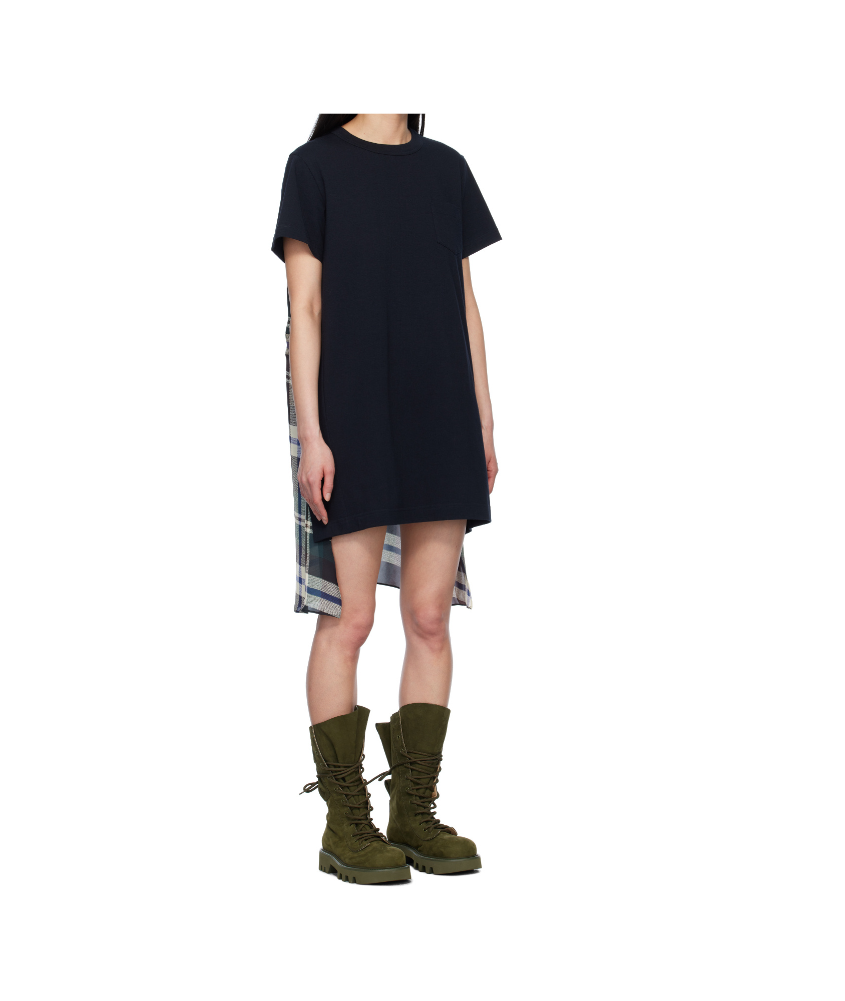 Sacai Black & Green Plaid Print Cotton Jersey Minidress In Green/brown