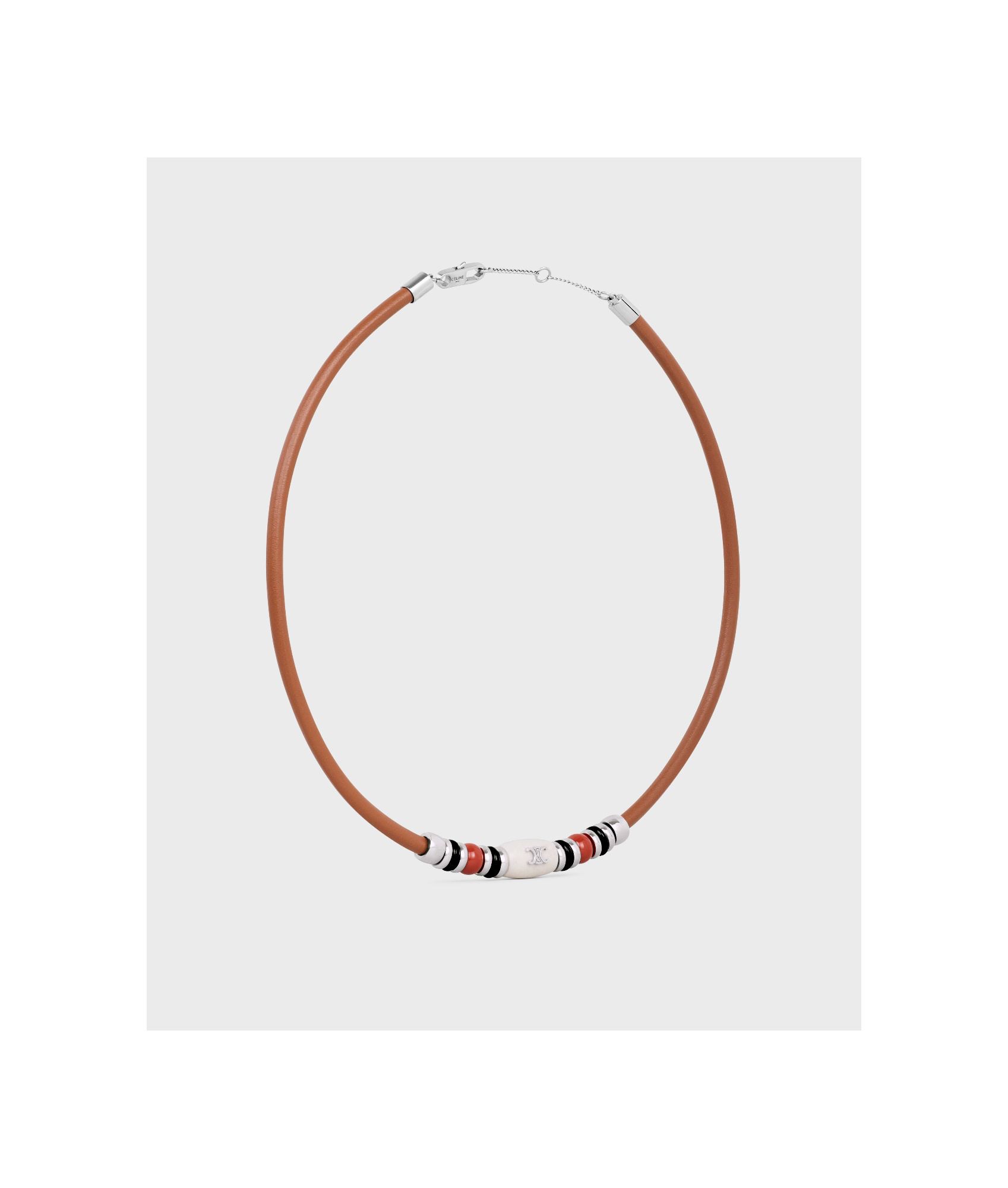 Celine Bay Stone Necklace In Calfskin, Brass, Onyx, Jasper And Marble In Yellow