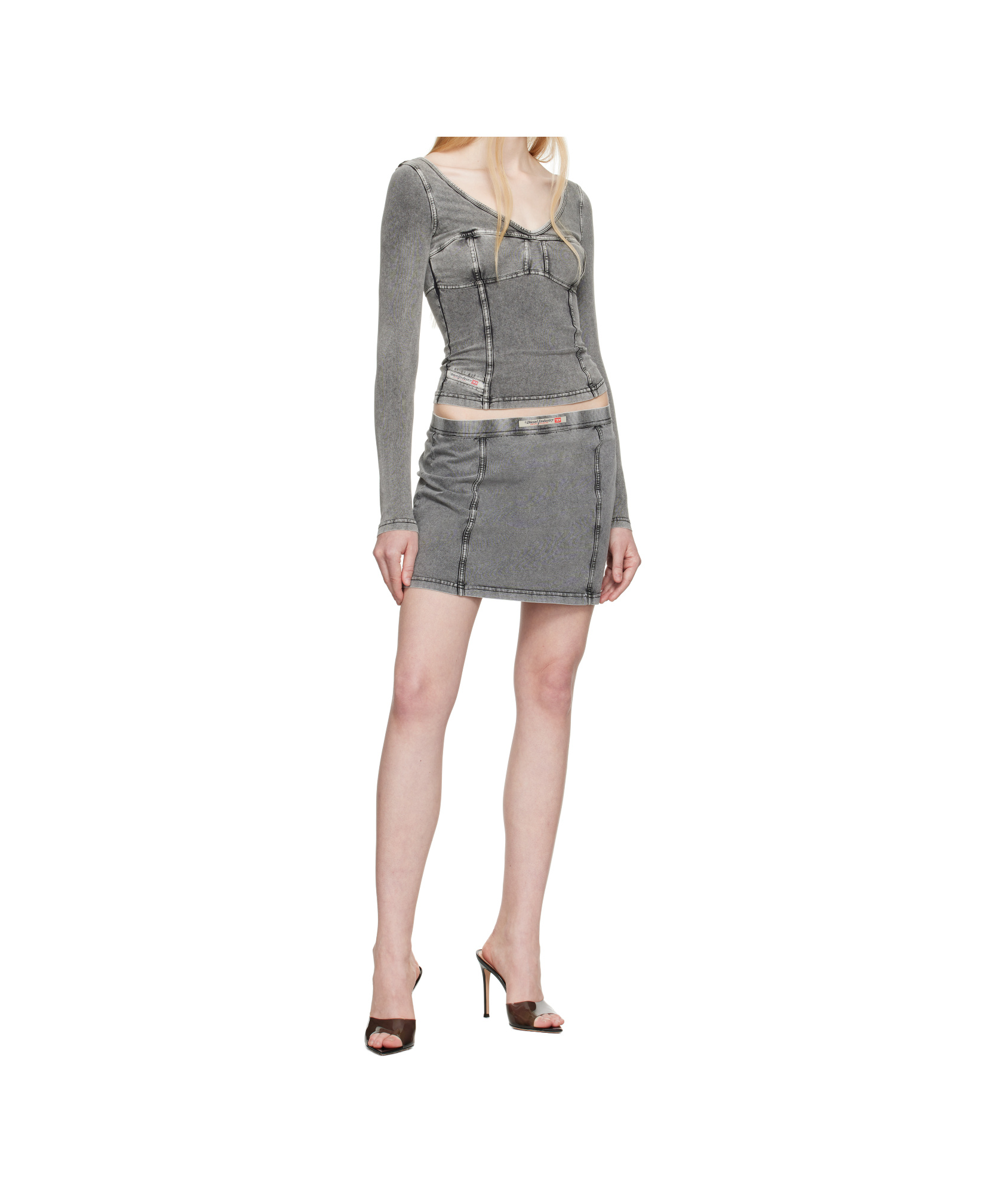 Diesel T-elin Long-sleeve Top With Denim Effect In Grey
