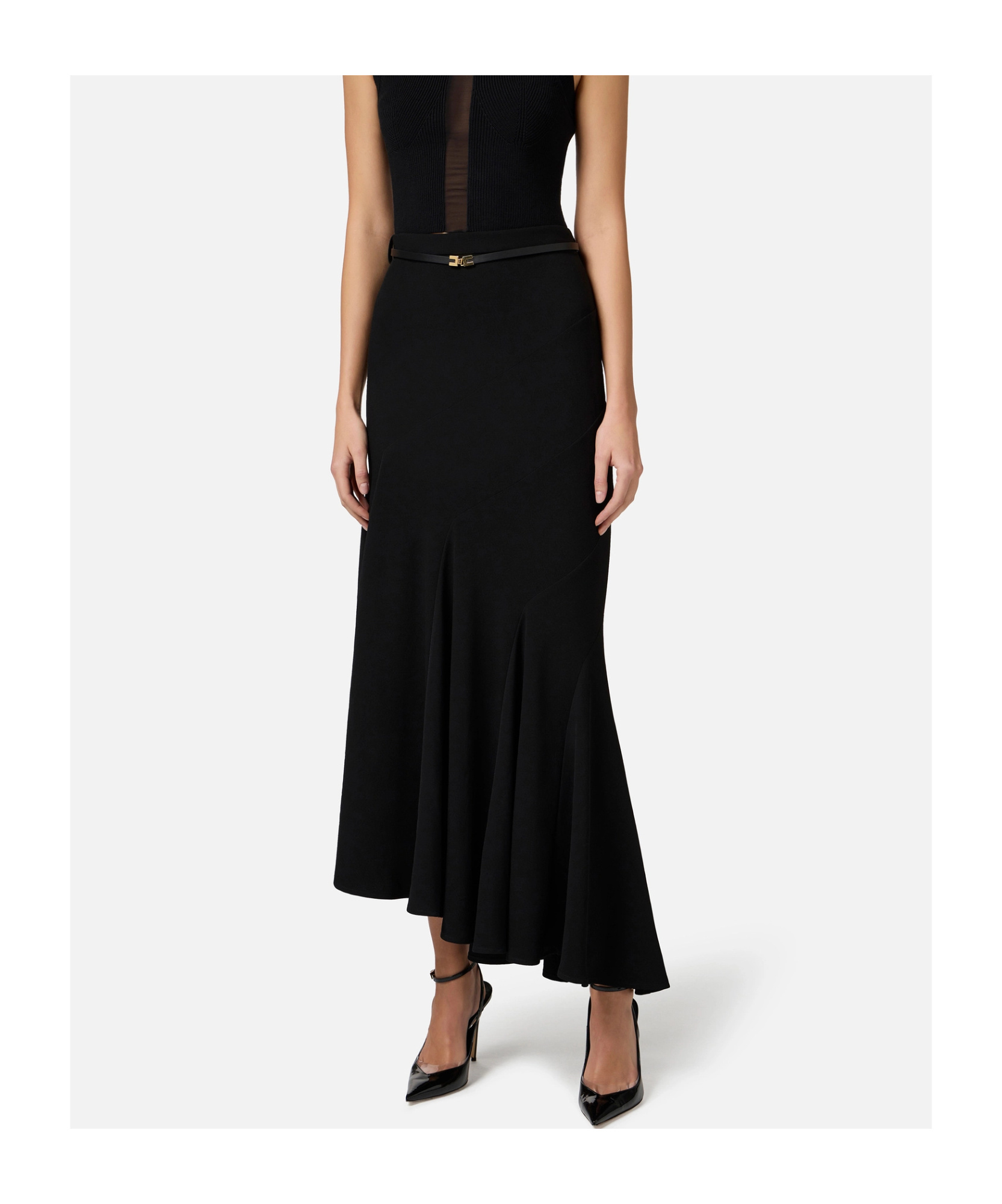 Elisabetta Franchi Asymmetric Skirt In Lightweight Crêpe Fabric With Belt In Black