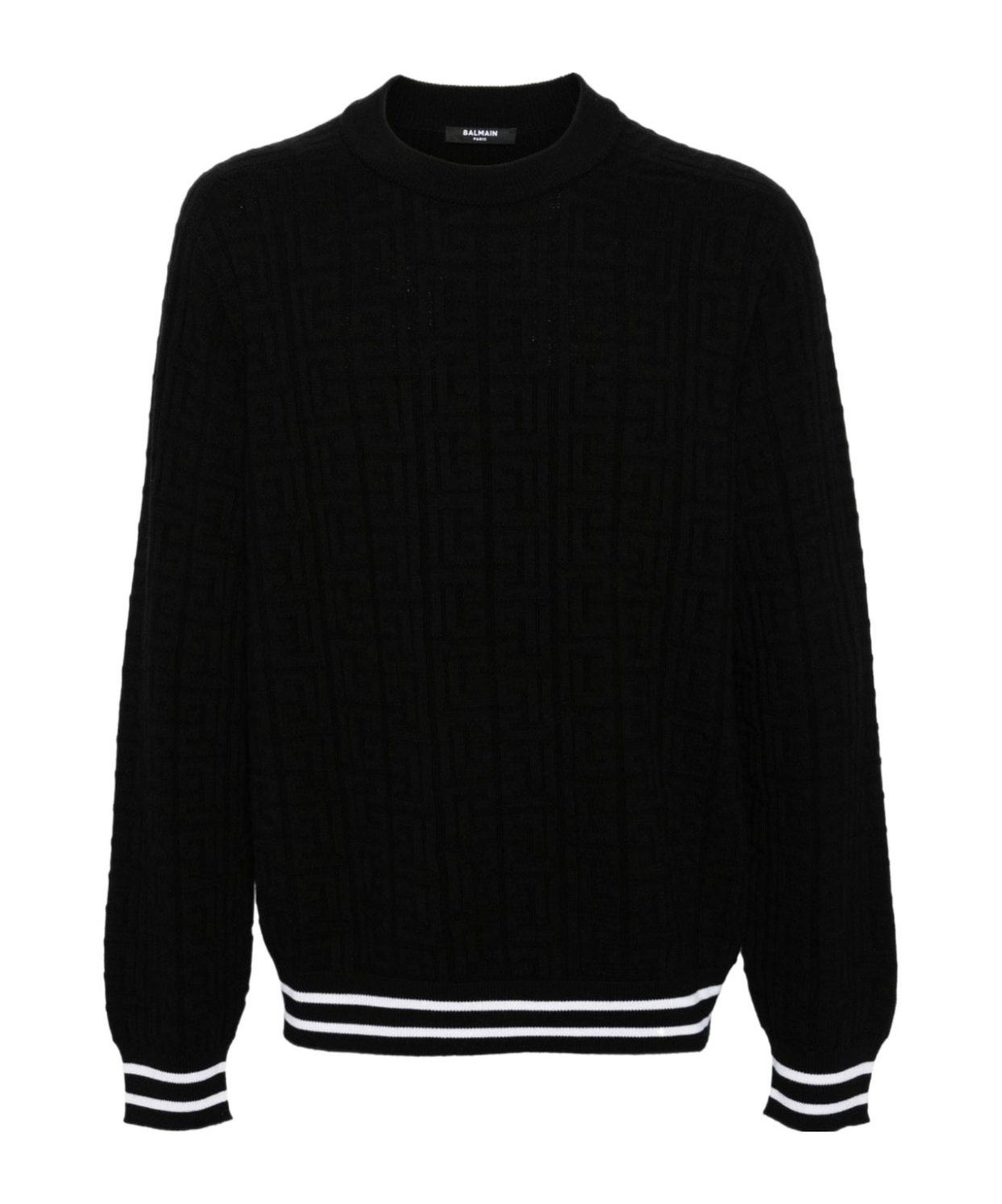 Balmain Merino Wool Sweater With Stripe Detail And Jacquard Pattern In Black