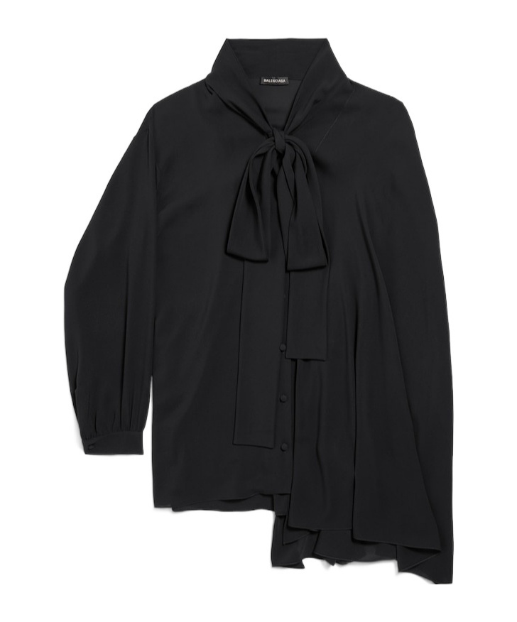 Balenciaga Asymmetric Black Silk Blouse With Scarf In Black