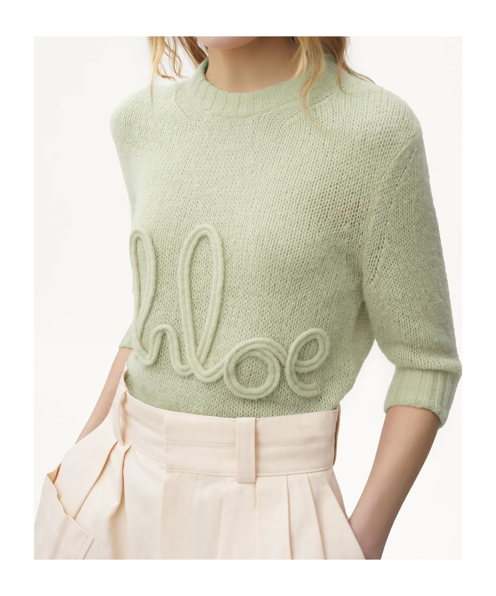 Chloé Elbow-sleeve Logo Jumper In Alpaca Wool & Silk Knit Green Size L 62% Wool Vicugna Pacos, Farmed, Coo In Green