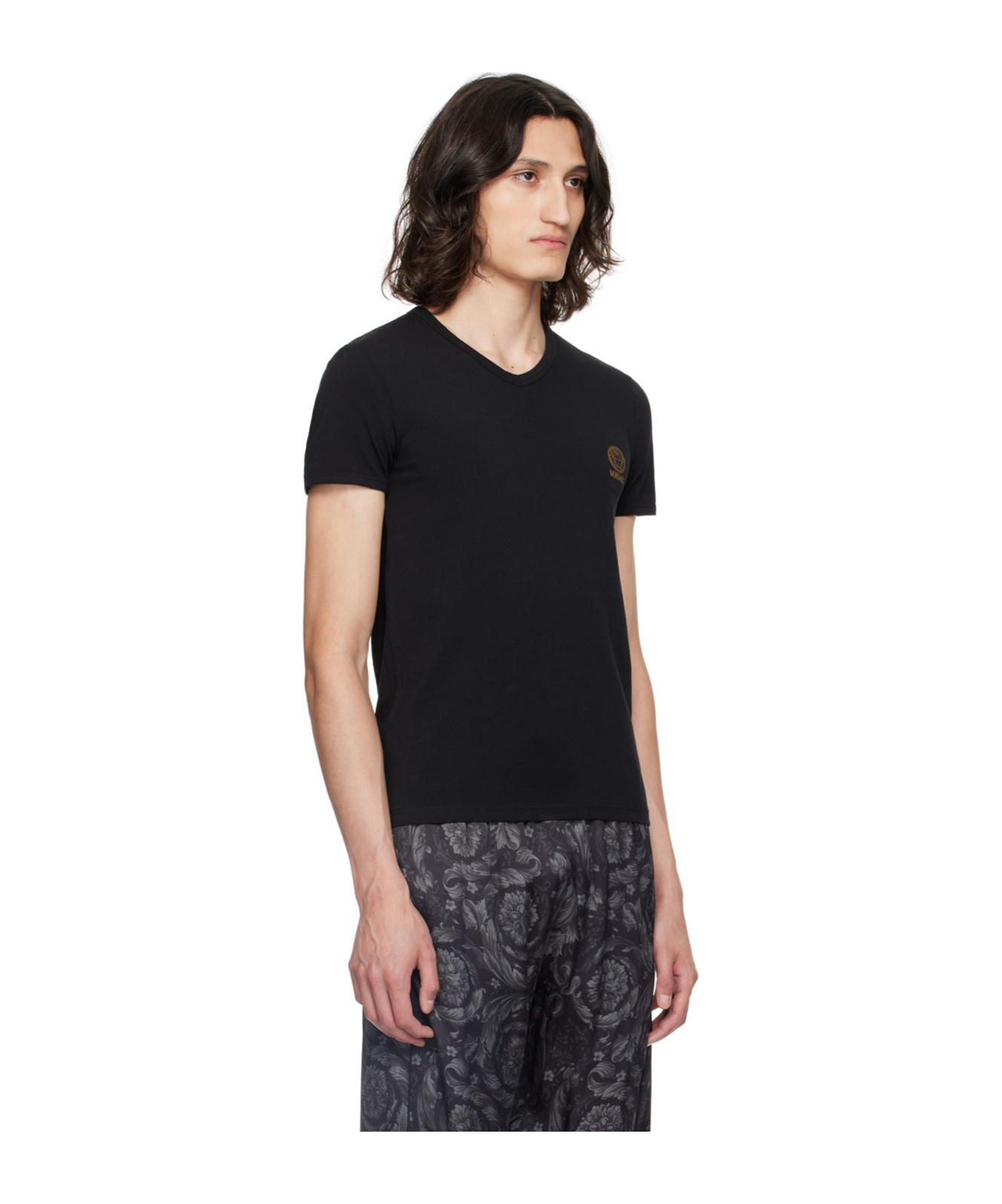 Versace Black Crewneck T-shirt With Medusa Logo Print In Stretch Cotton Man In Black
