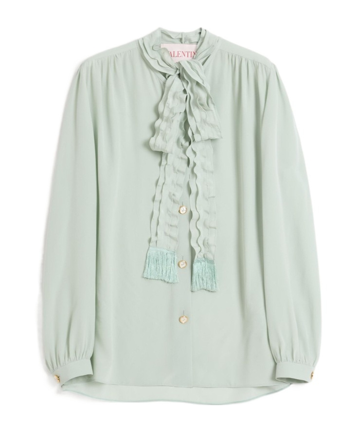 Valentino Crepe Shirt With High Neck And Ruffled Neckline In White