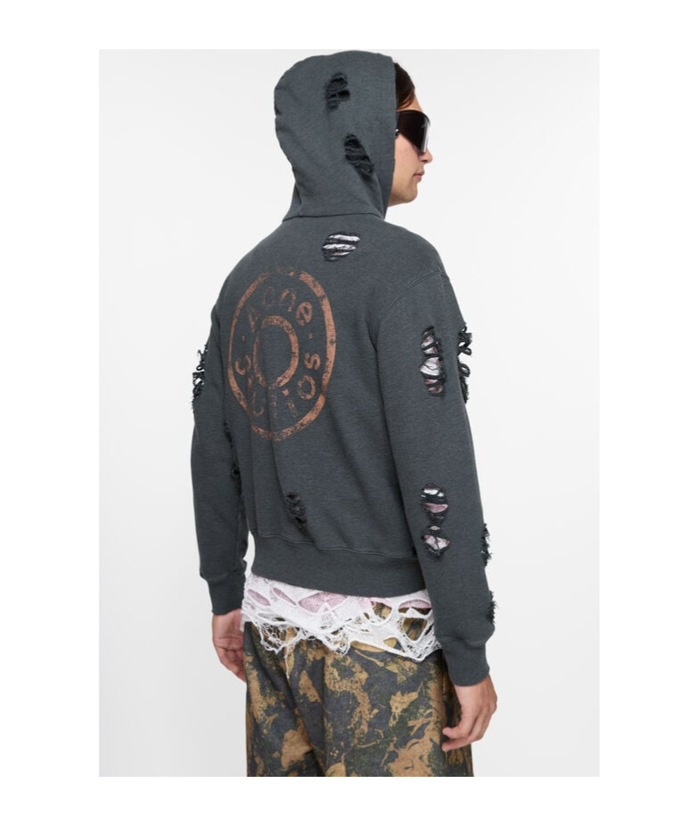 Shop Acne Studios Distressed Zipped Hoodie In Black