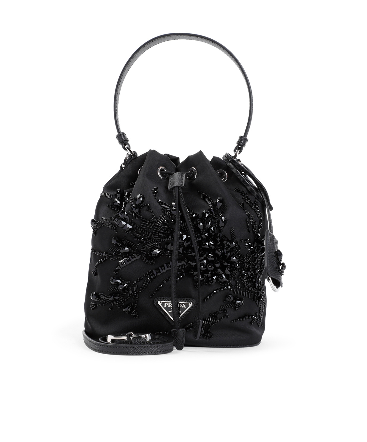 Prada Re-nylon Logo Plaque Bucket Bag In Black