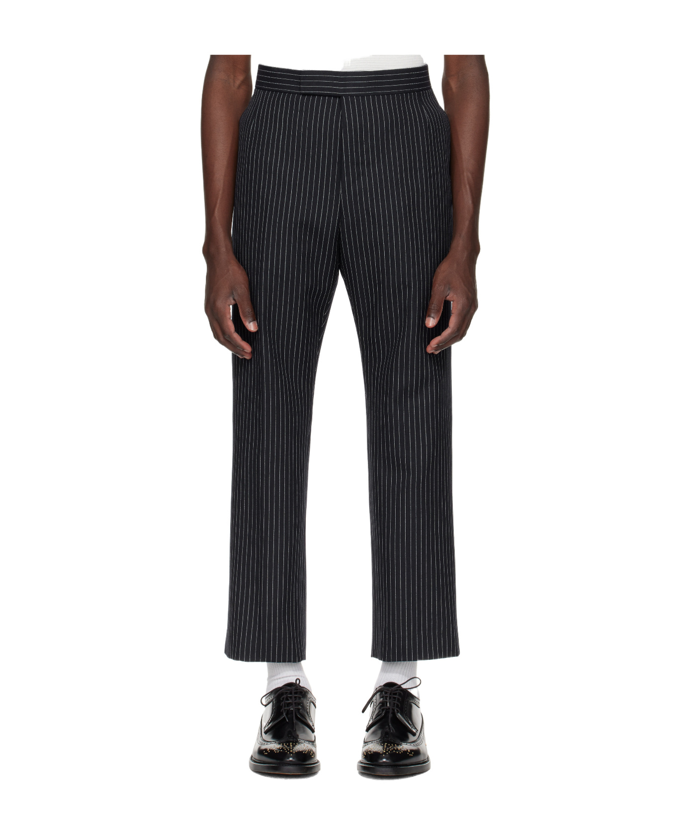 Thom Browne Navy Pinstripe High Twist Wool Backstrap Trousers In Blue