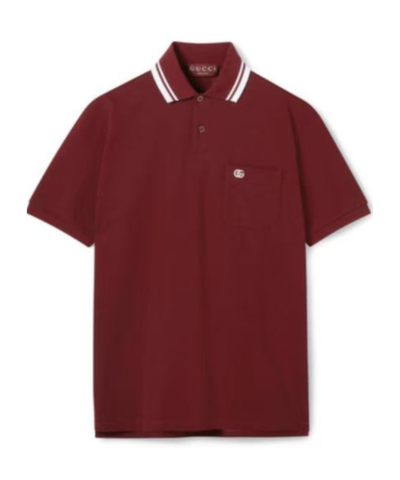 Gucci Bordeaux Polo Shirt With Striped Motif On The Collar And Double G Embroidery On The Front In C