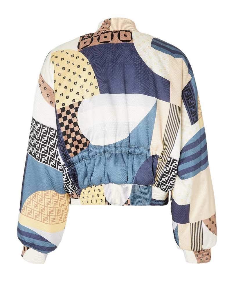 Fendi Blue Silk Reversible Bomber Jacket With Patchwork Print