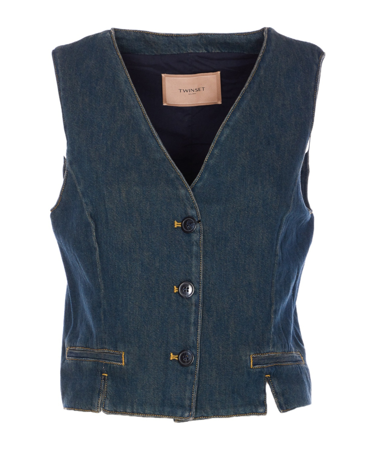 Twinset Denim Vest With Front Pockets And V-neckline In Blue