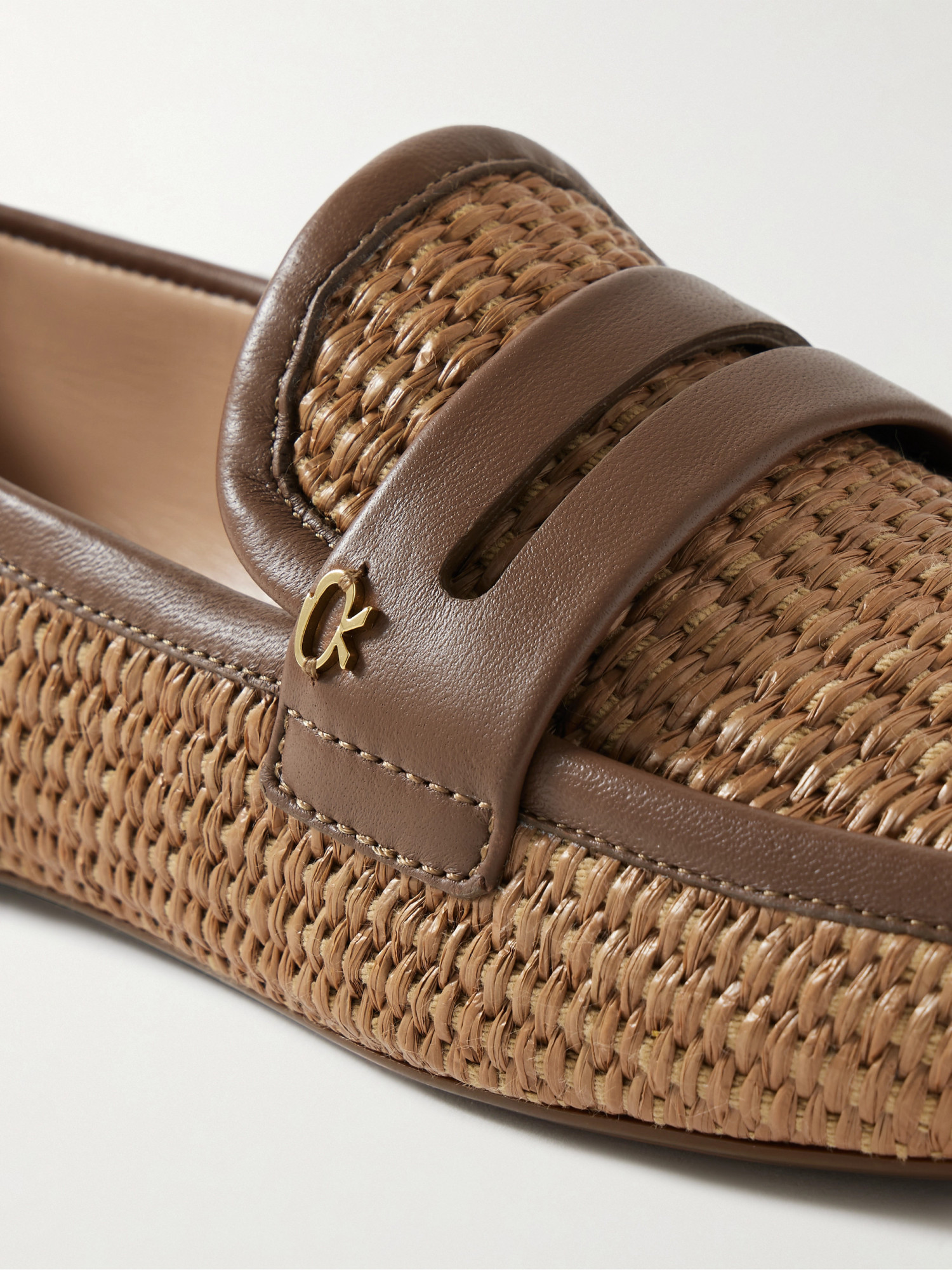 Gianvito Rossi Marbella Leather-trimmed Raffia Loafers In Brown