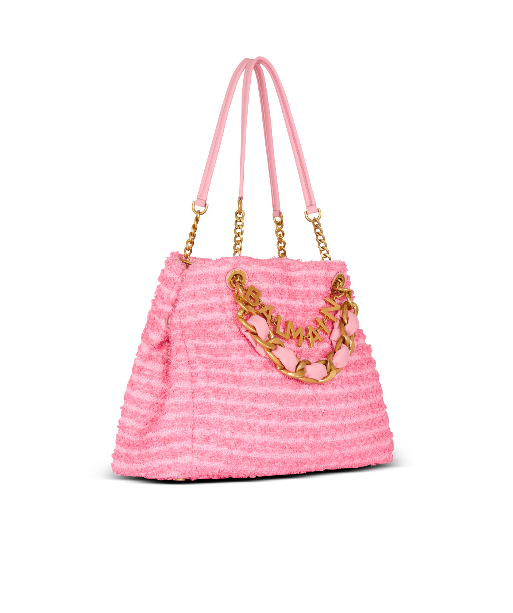 Balmain 1945 Soft Tote In Tweed-effect Raffia In Pink