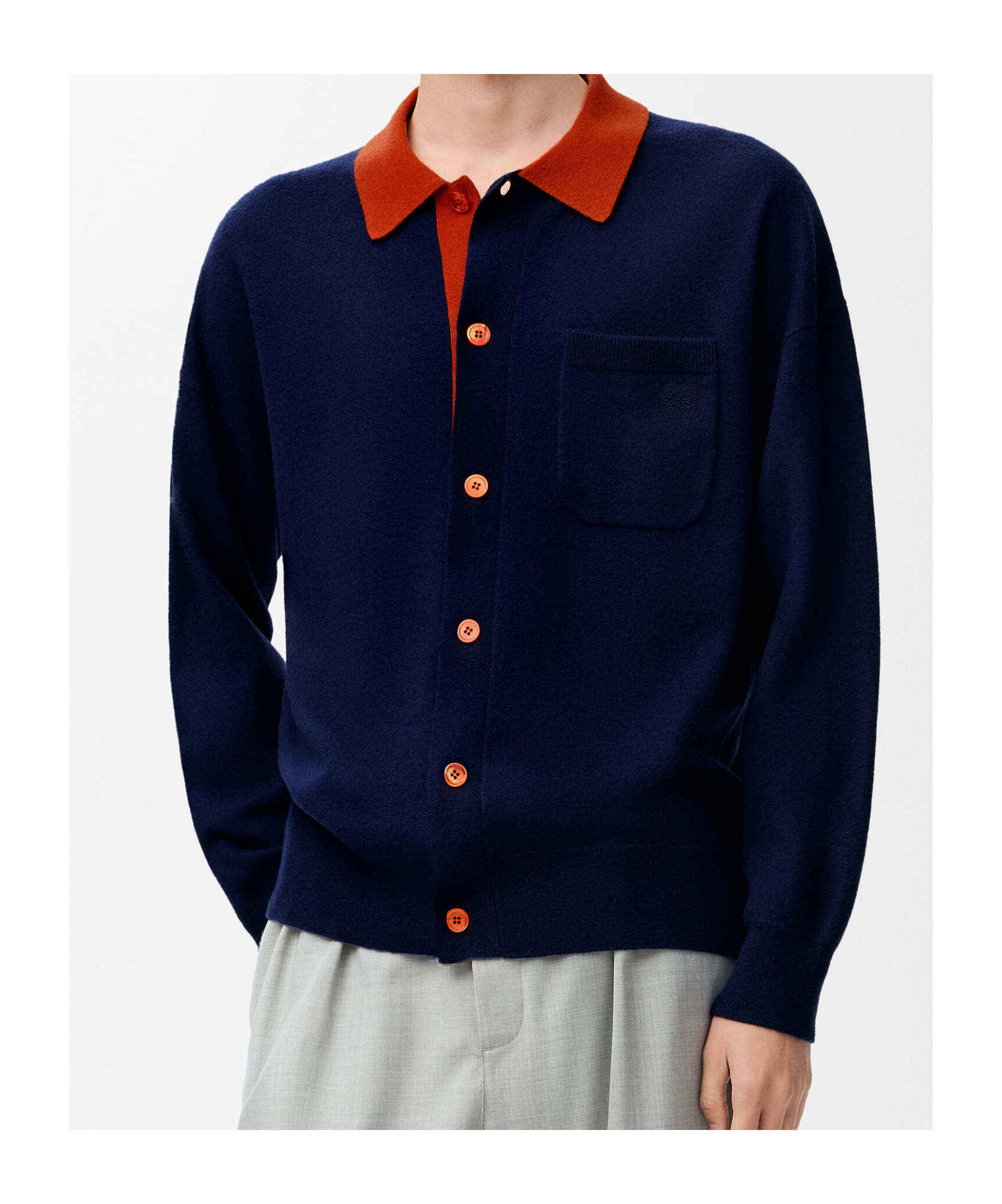Loewe Wool Cardigan With Chest Pocket And Collar In Blue