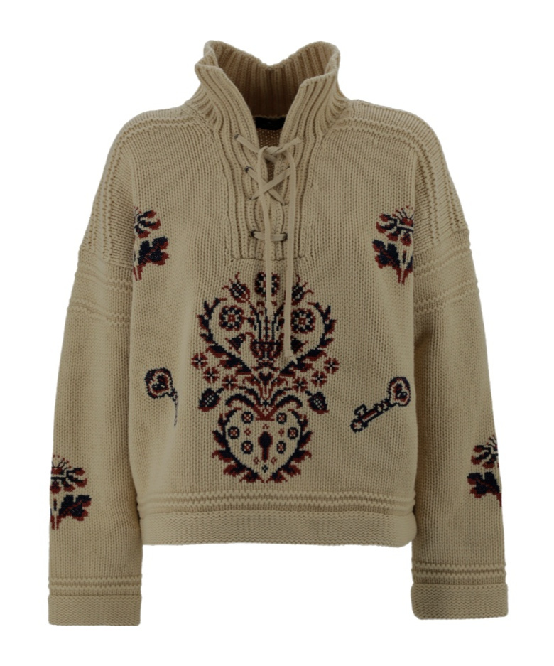 Etro Knitwear High Collar Intricate Embroidery In Brown