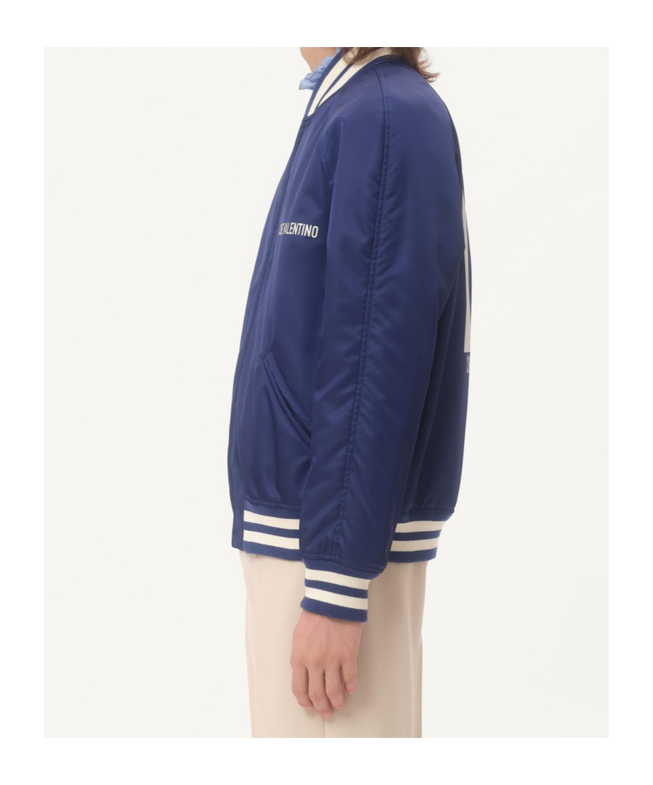Valentino Blue Bomber Jacket In Printed Polyamide With Zip And High Collar In Blue