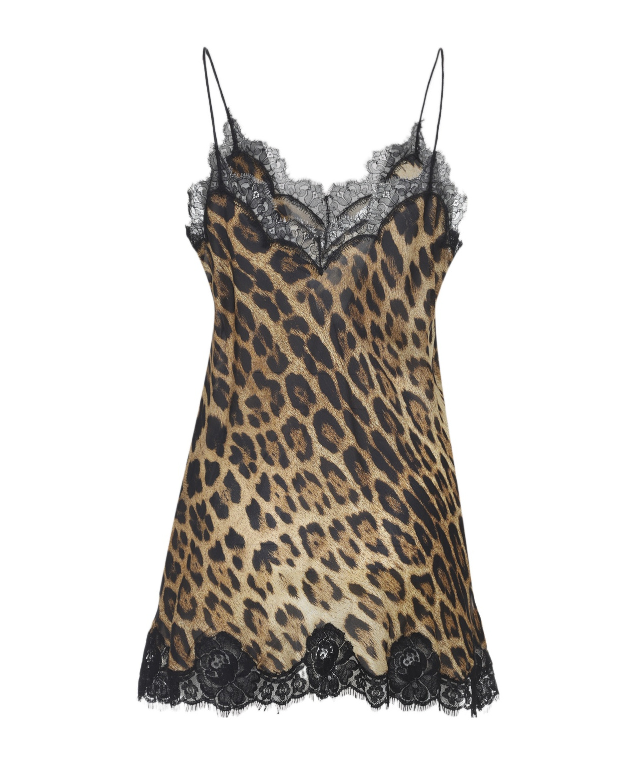 Roberto Cavalli Animalier Silk Mini Dress With Scalloped Lace Trim In Brown