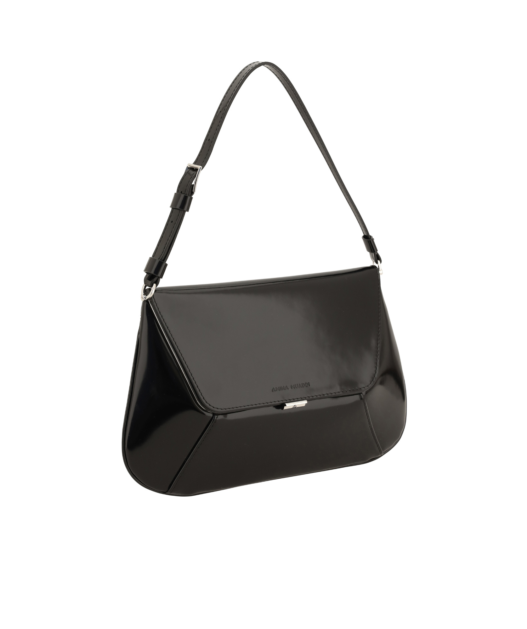 Amina Muaddi Leather Handbag With Curved Base And Reptile Motif Embossing In Black