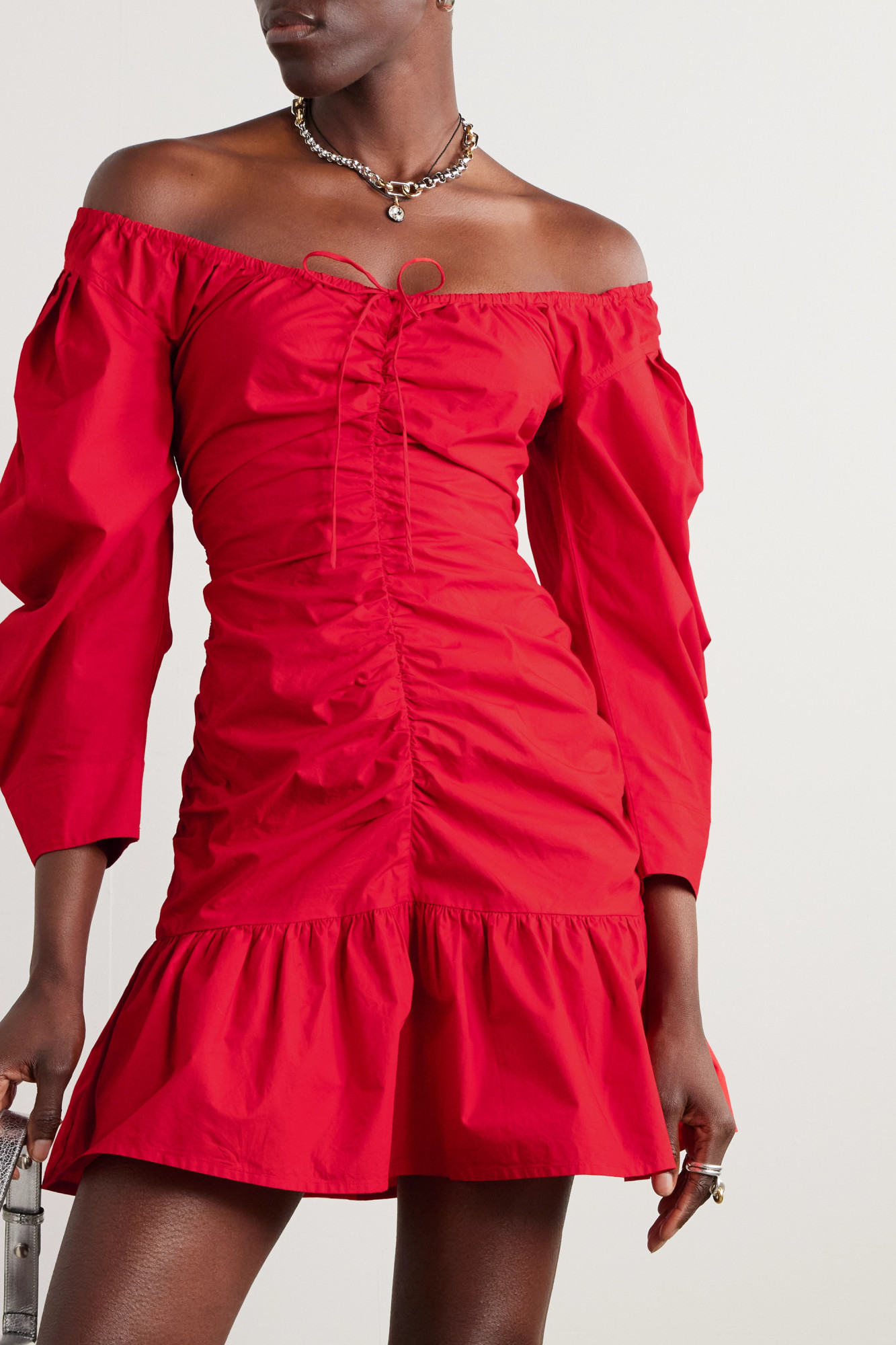 Ganni Red Gathered Minidress In Red