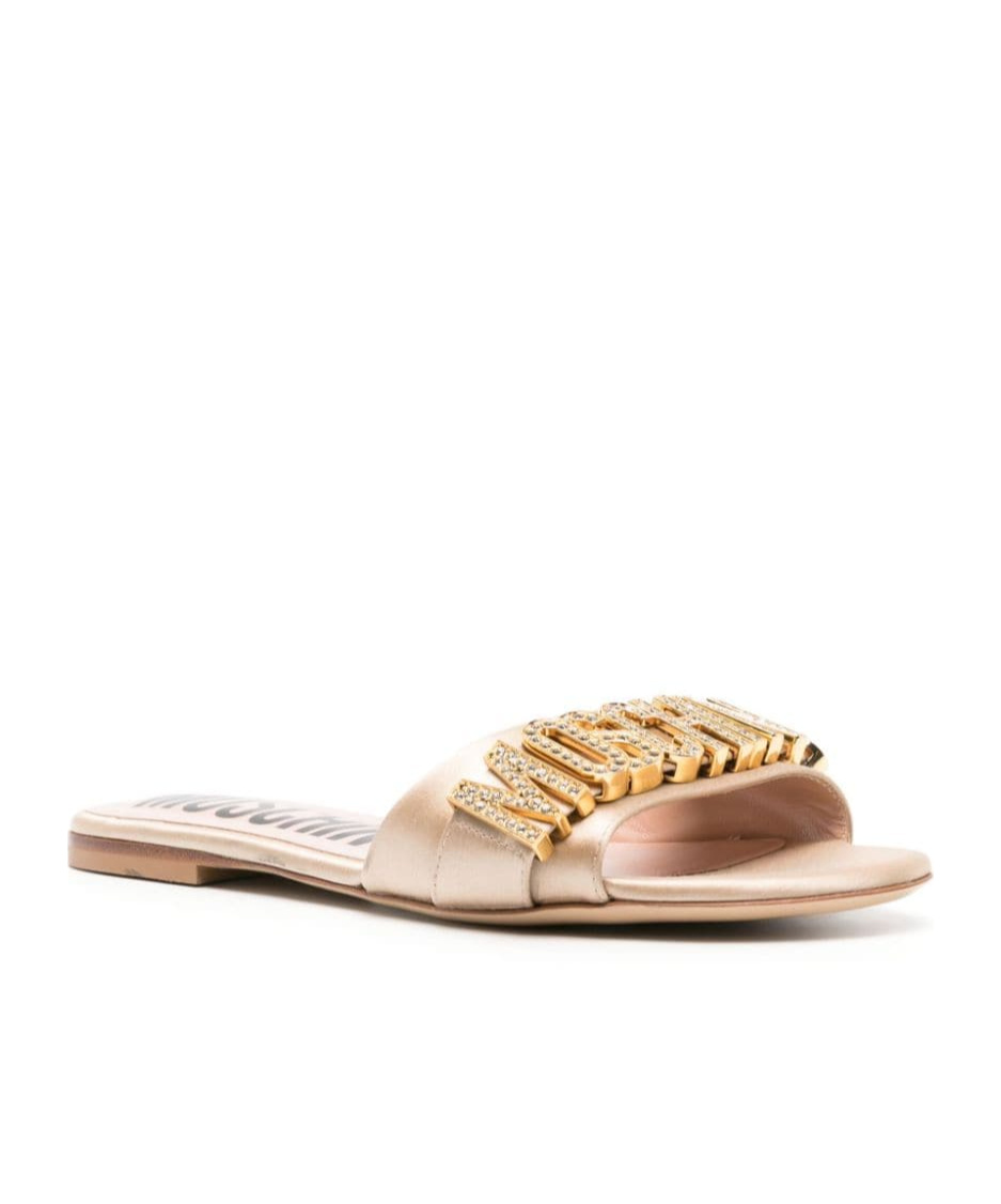 Shop Moschino Logo-plaque Satin Sandals In Nude