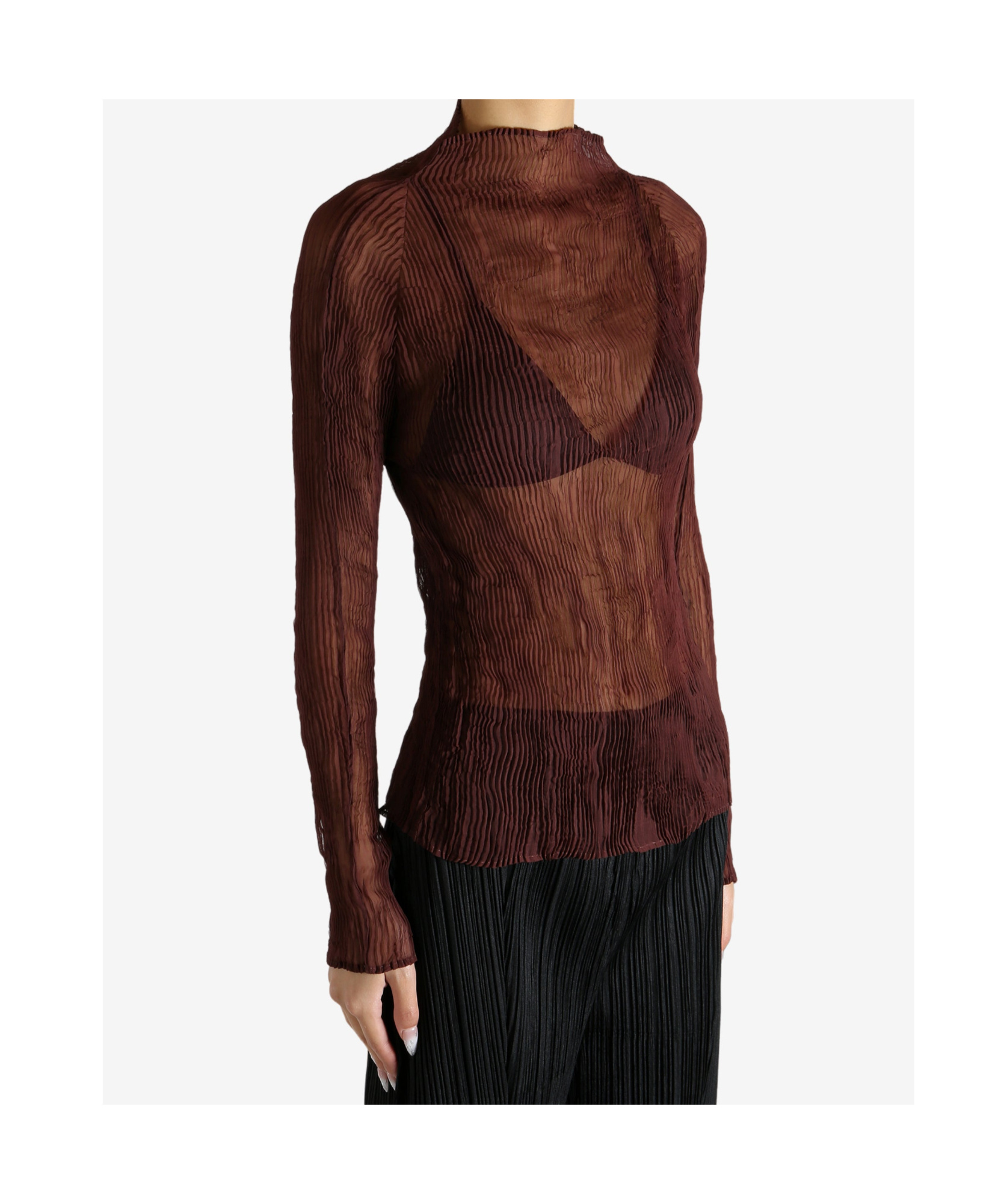 Issey Miyake Pleated Mesh Chiffon Top In Brown