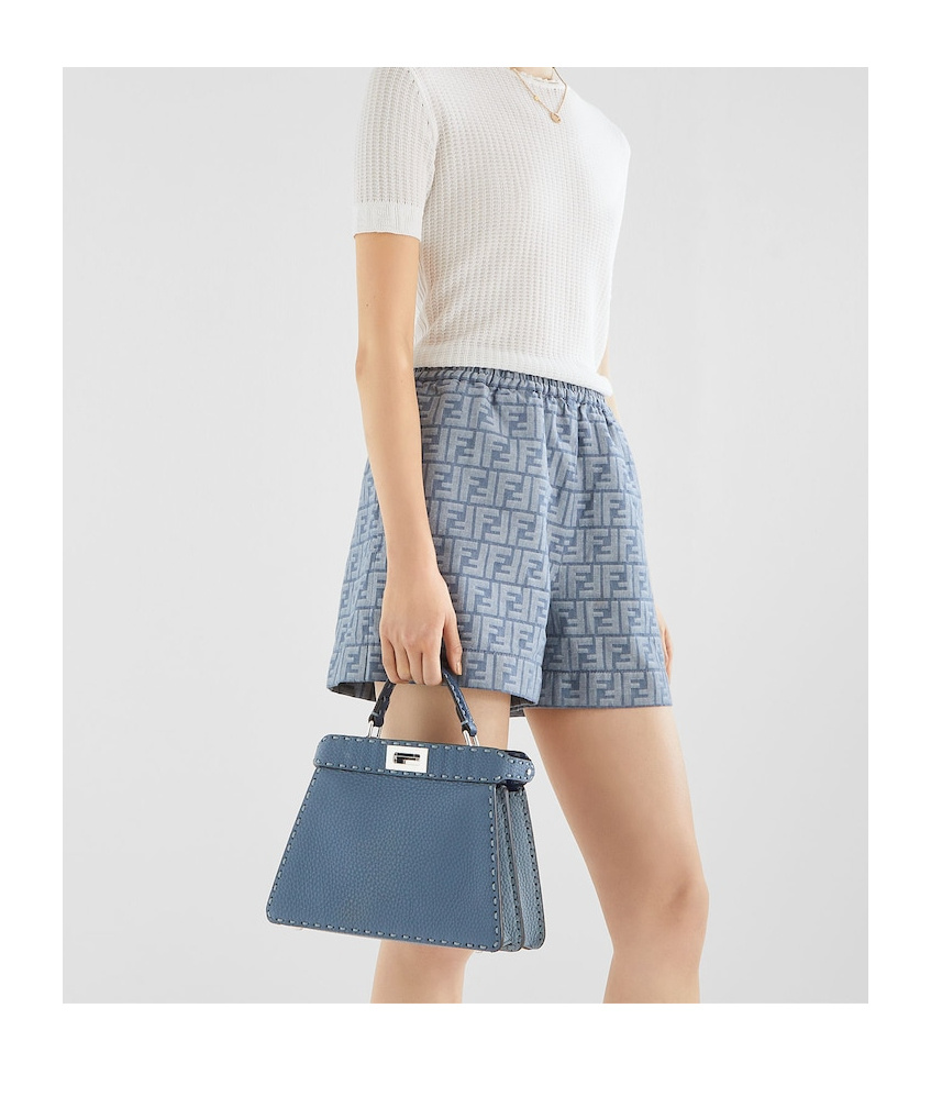 Fendi Embroidered Chambray Shorts With All-over Pattern In Blue