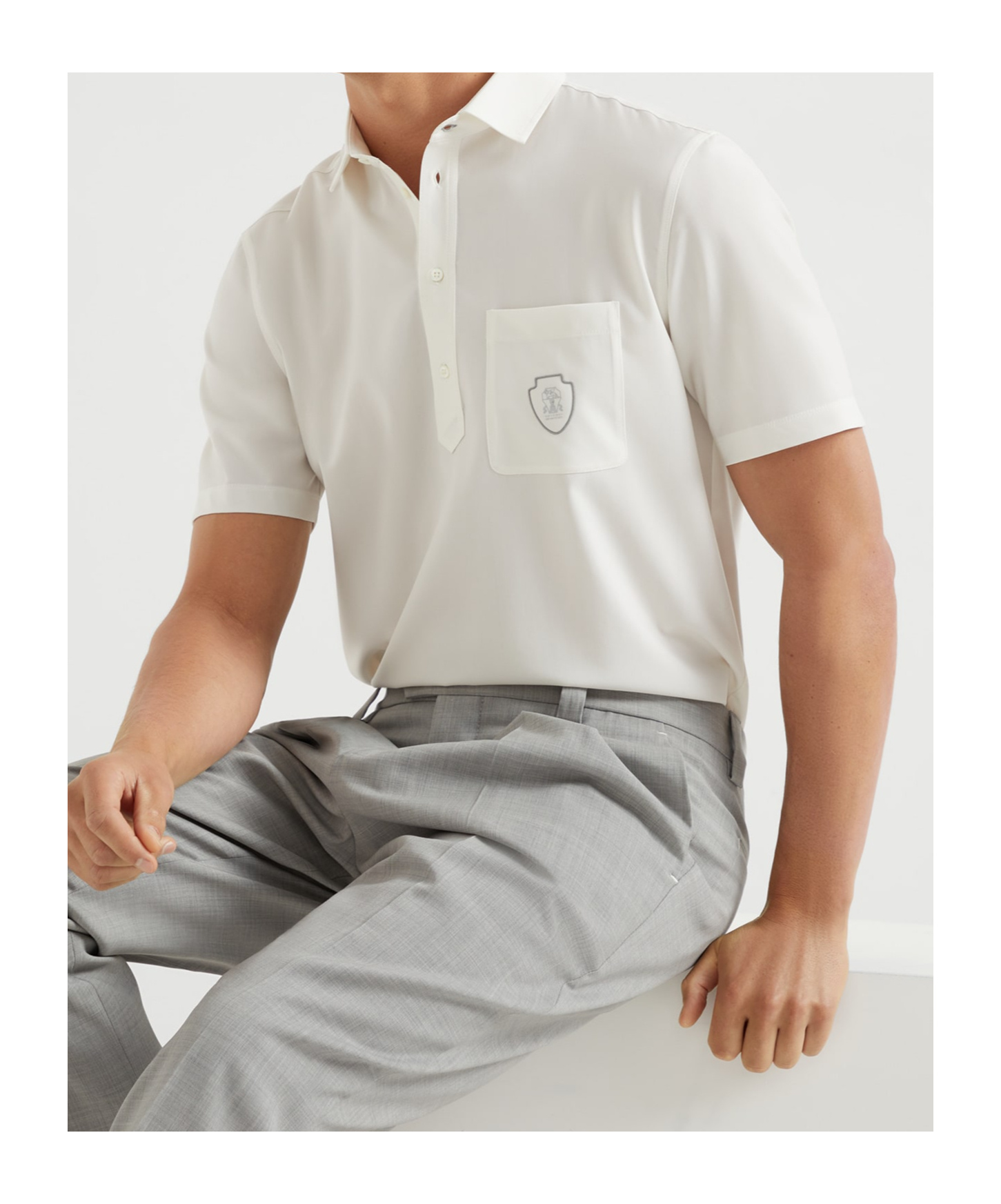 Brunello Cucinelli Men Ivory Virgin Wool Canvas Logo Polo Shirt In White