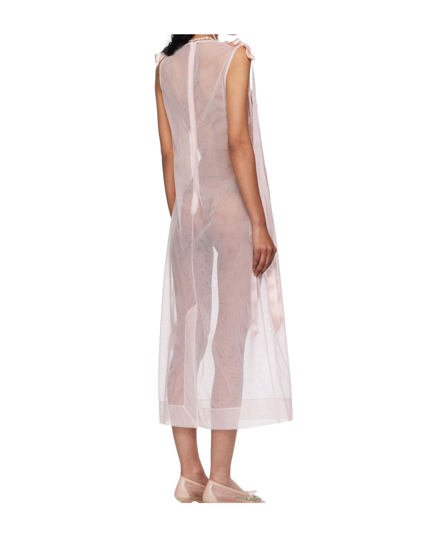 Simone Rocha Pink Sheer Bow Ribbon Tail Midi Dress In Pink