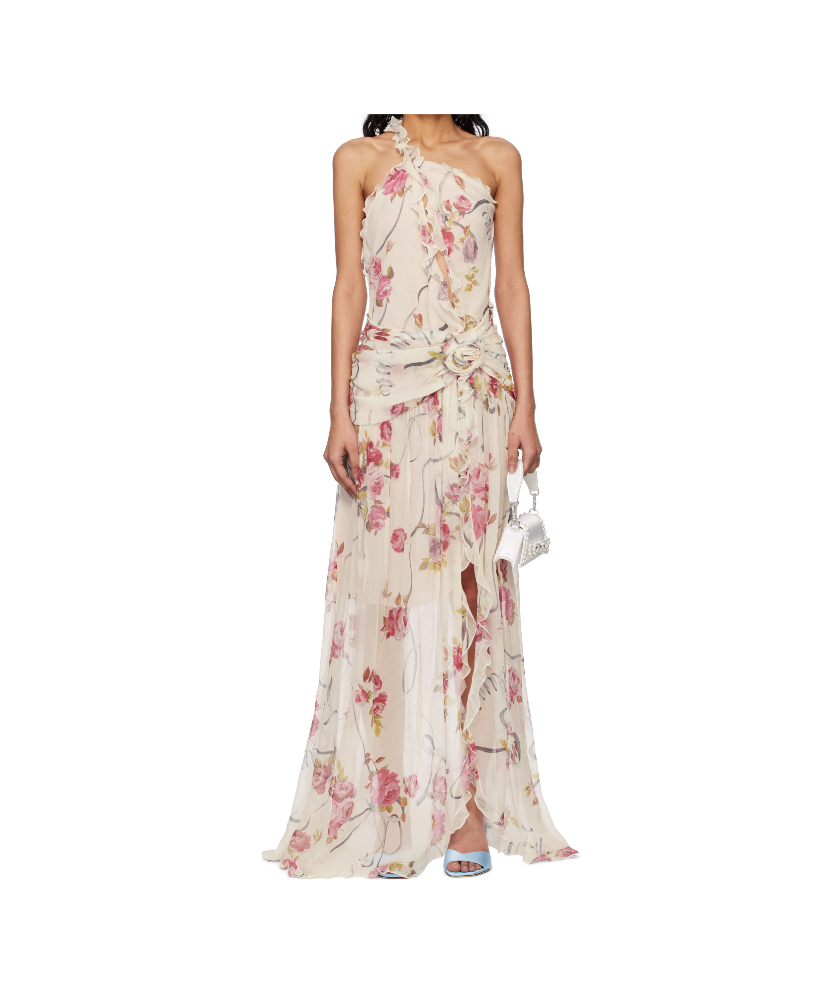 Blumarine Off-white & Pink One-shoulder Creponne Maxi Dress In Nude