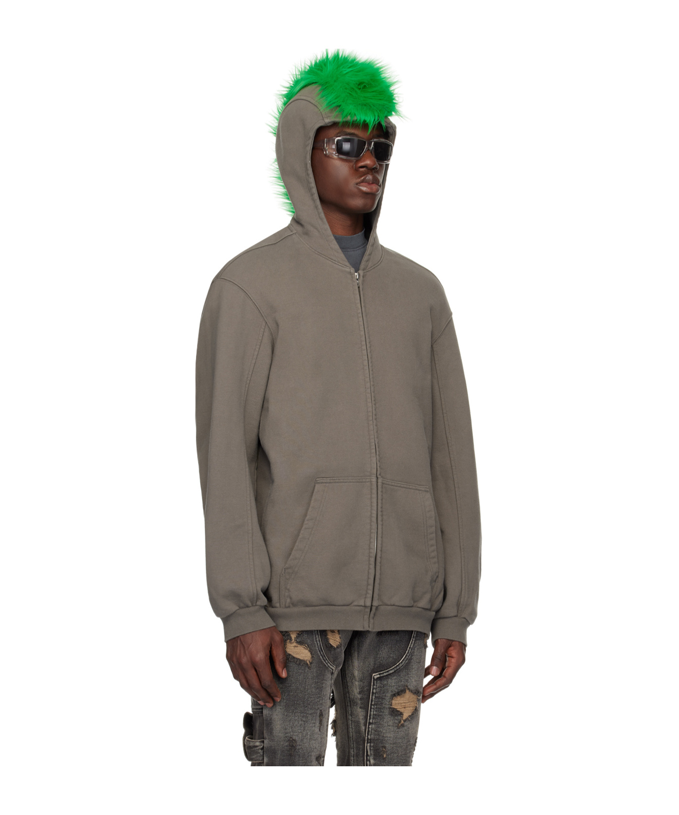 We11 Done Zipper Hooded Sweater In Green