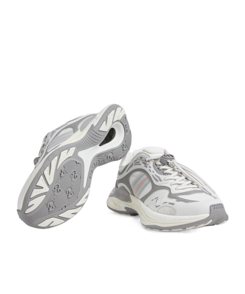 Gucci Leather Mesh Sneakers Featuring Signature Band In White And Gray