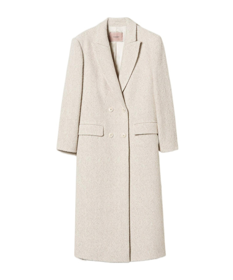 Shop Twinset Double-breasted Herringbone Coat In White