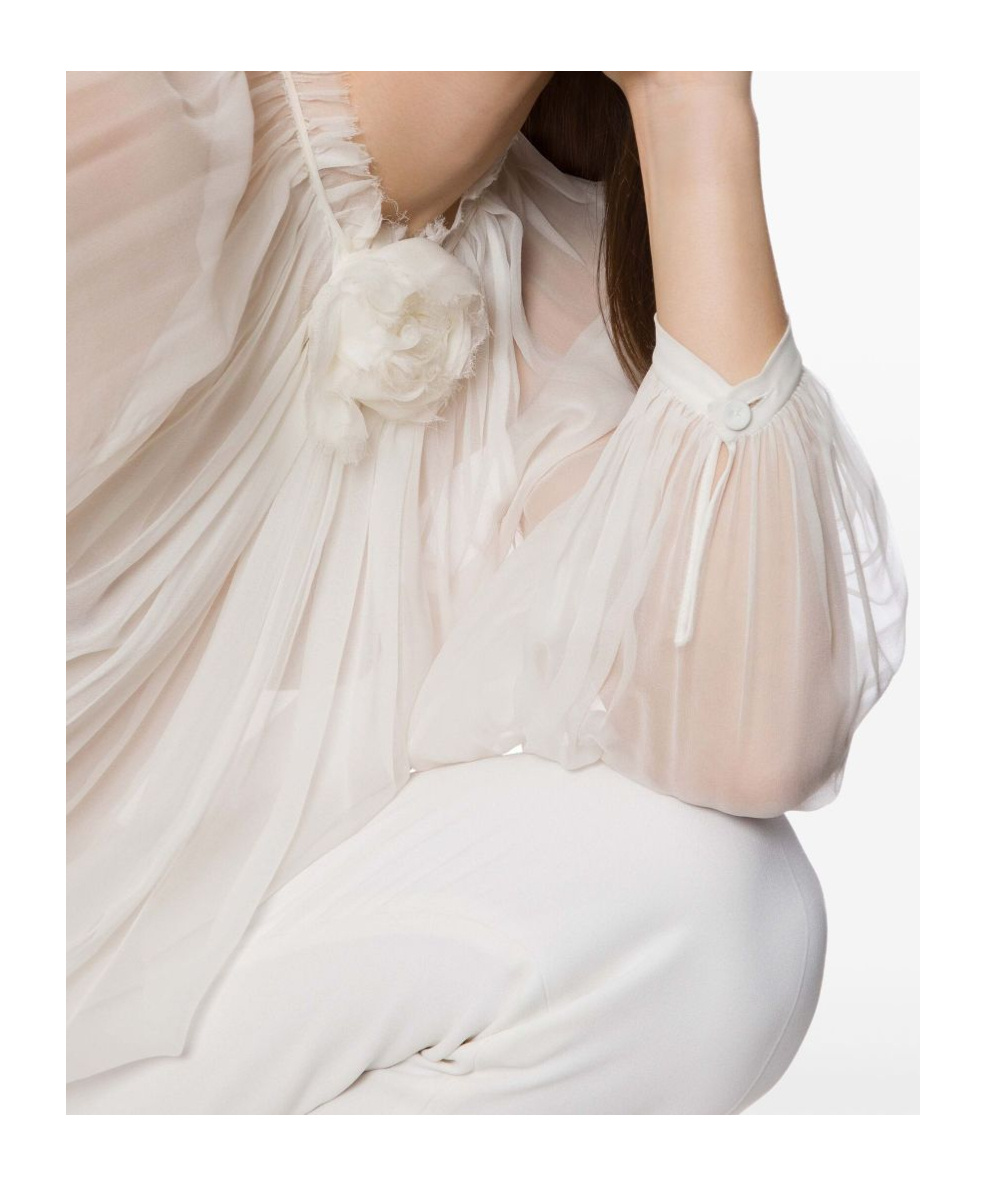 Alberta Ferretti Sheer Silk Chiffon Blouse With Floral Detail In White