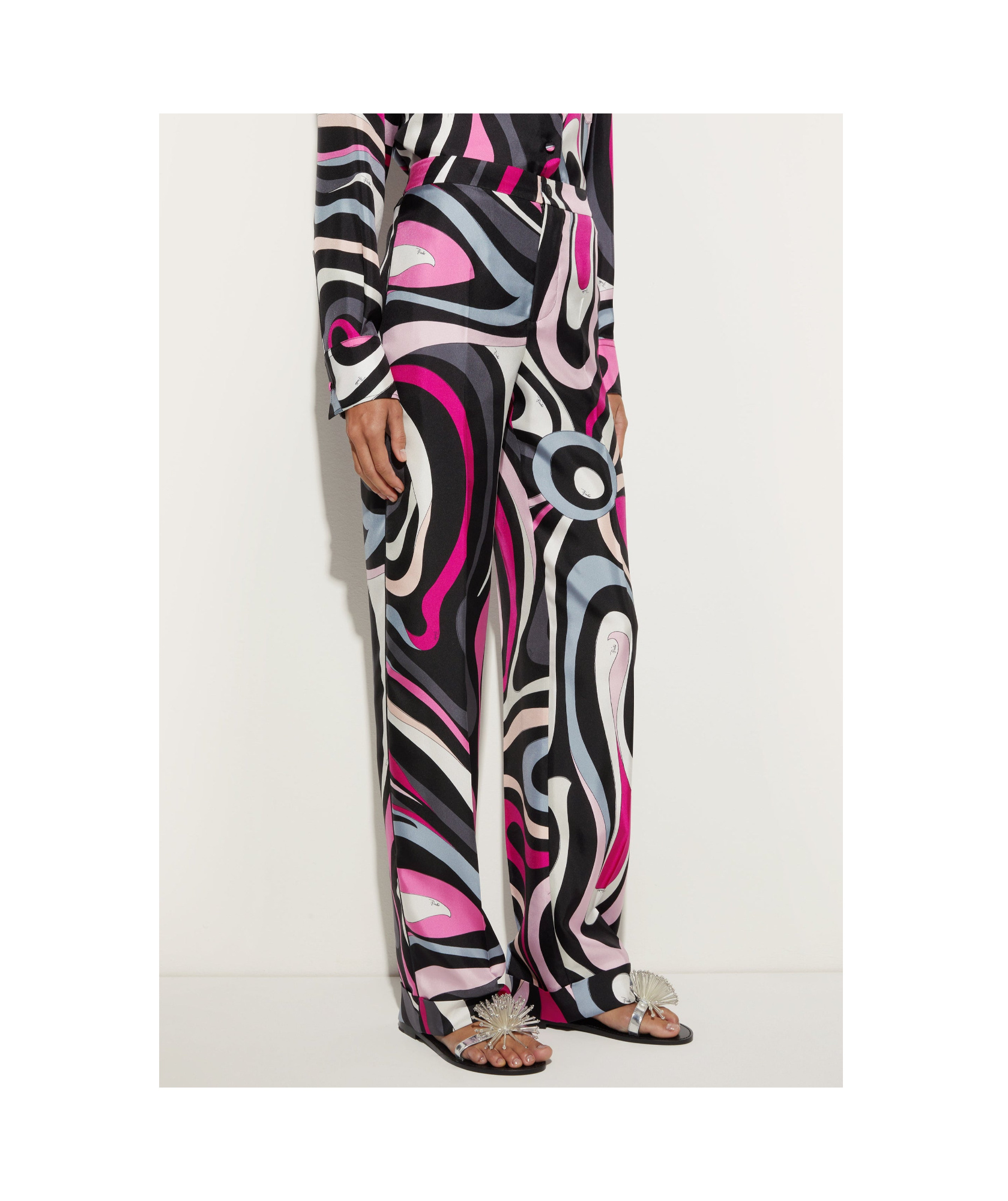 Pucci Marble Print Silk Pants In Black And Fuchsia