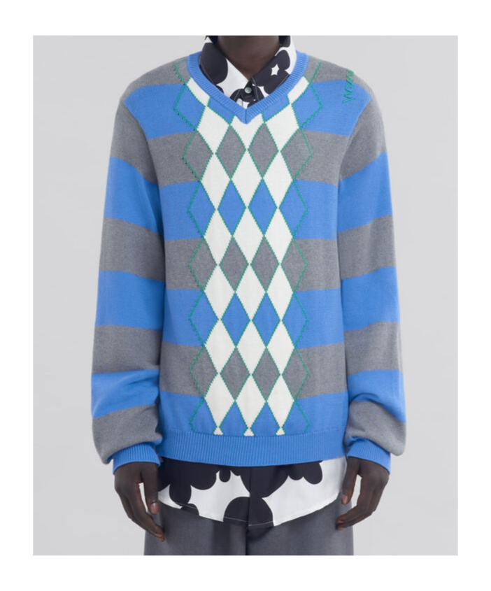Marni Blue Stripe Sweater With Argyle Motif In Blue