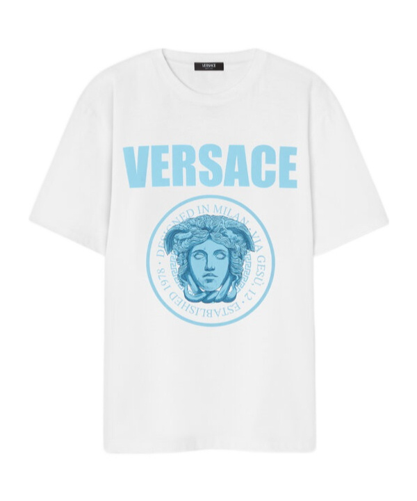 Versace White Crewneck T-shirt With Maxi Logo Print On The Front In Cotton Man