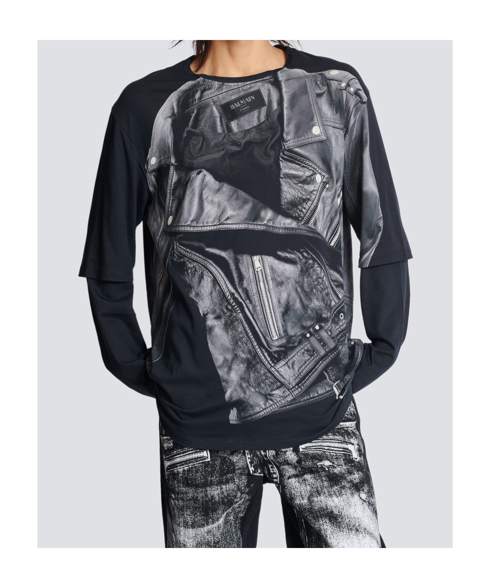 Balmain Motorcycle Jacket Printed Long-sleeved T-shirt In Black