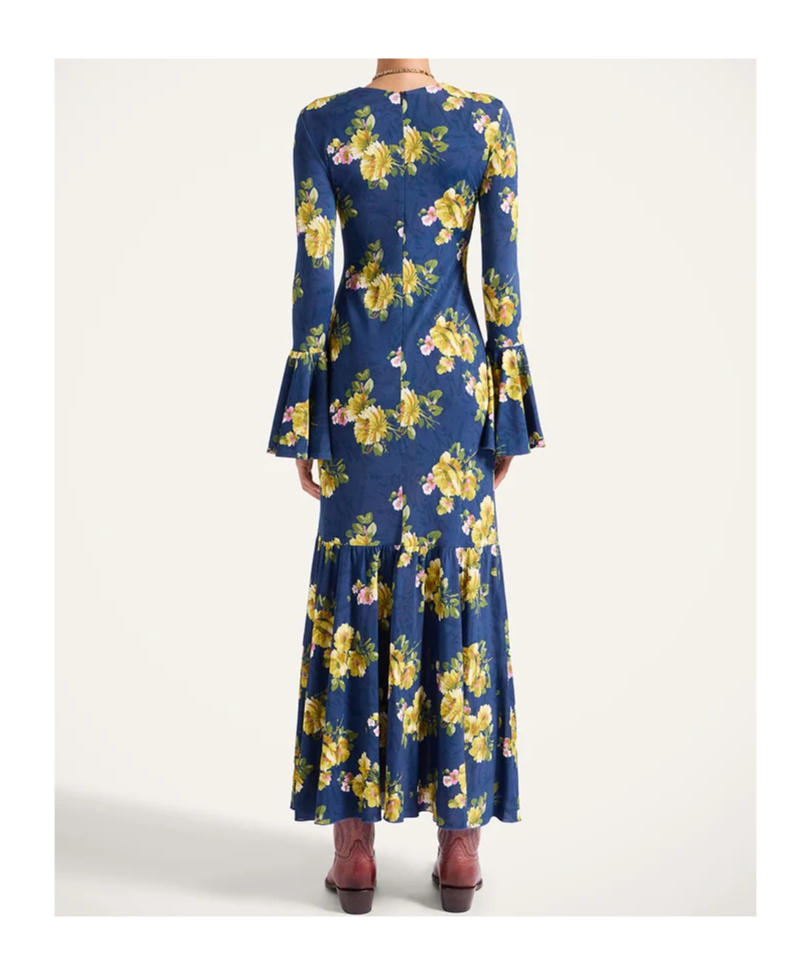 La Doublej Floral Bell-sleeve Midi Dress In Blue