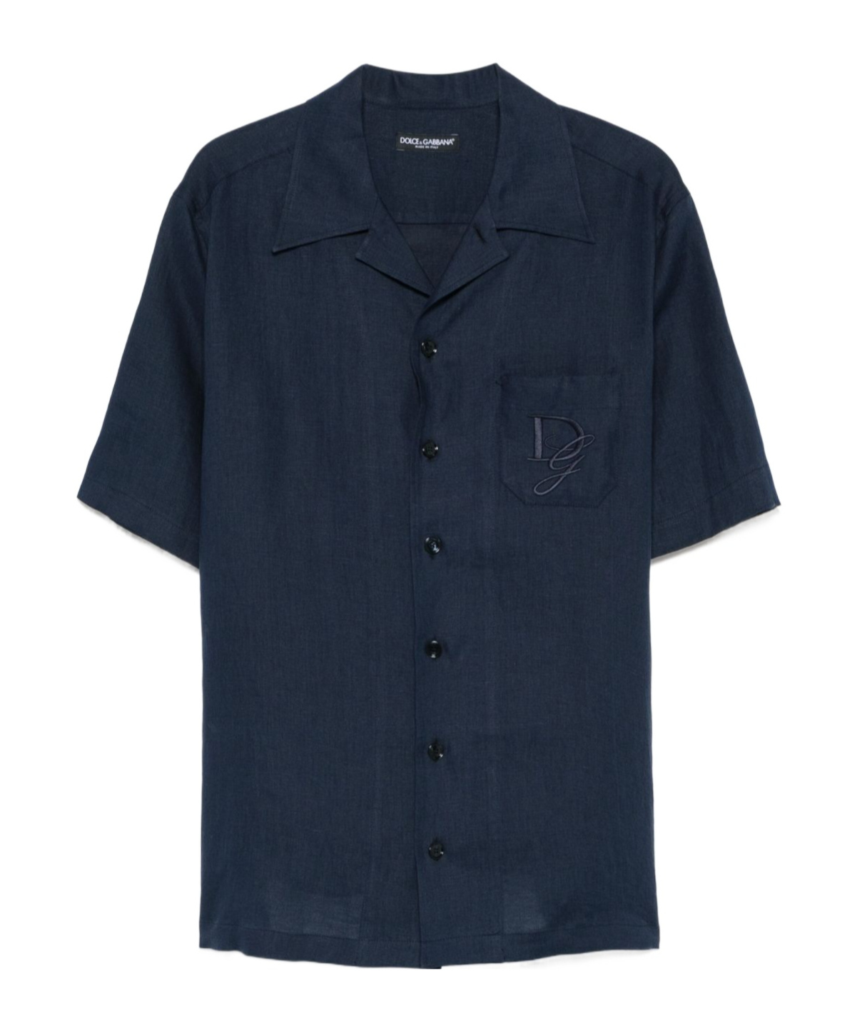 Dolce & Gabbana Blue Linen Short-sleeve Shirt With Pocket In Black
