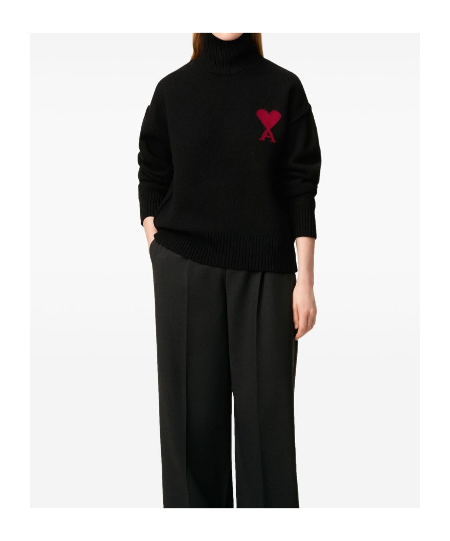 Ami Alexandre Mattiussi Ami Paris Funnel-neck Sweater With Heart Intarsia Design In Black