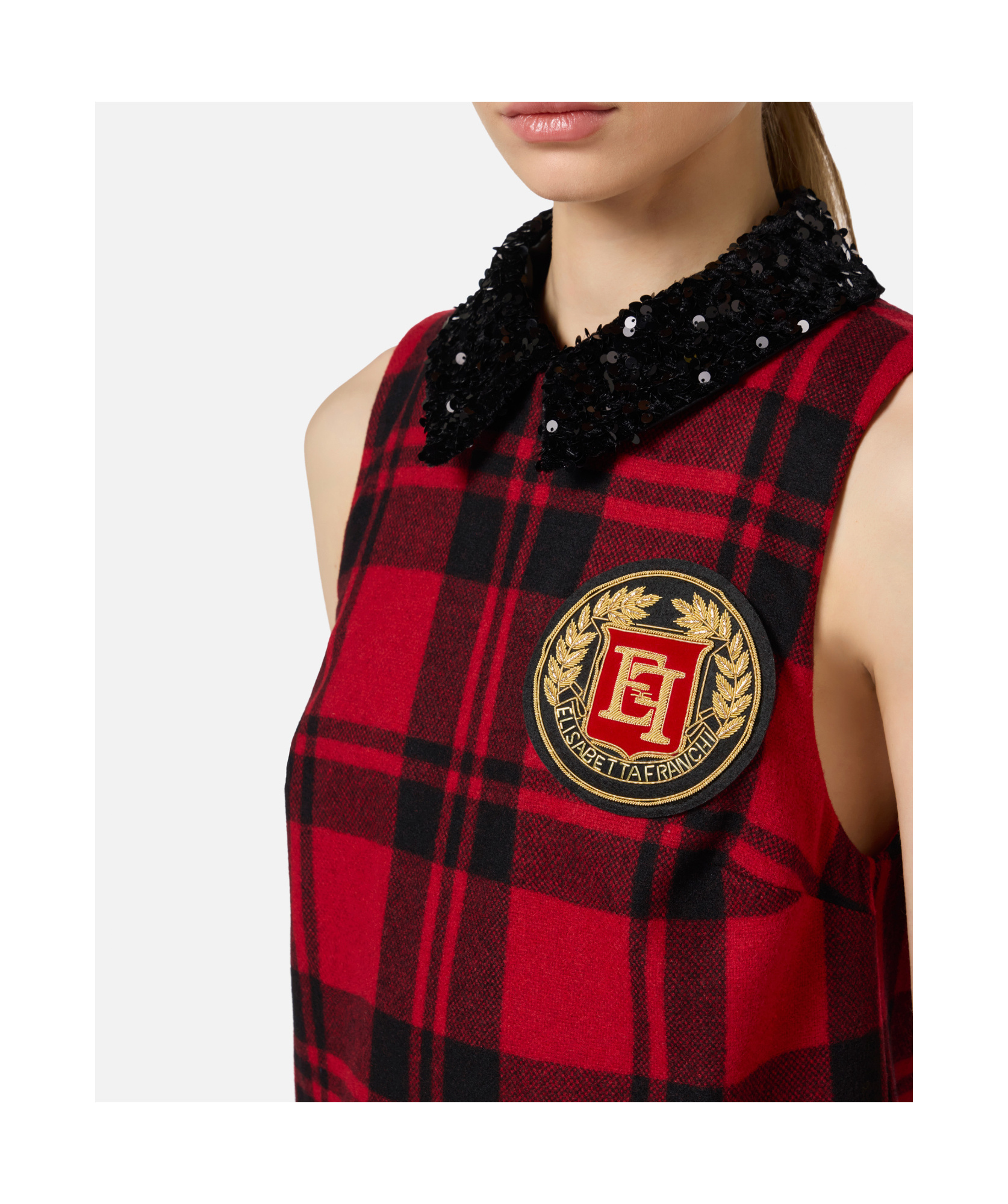Elisabetta Franchi Red Wool Tartan Embroidered Patch Dress In Red