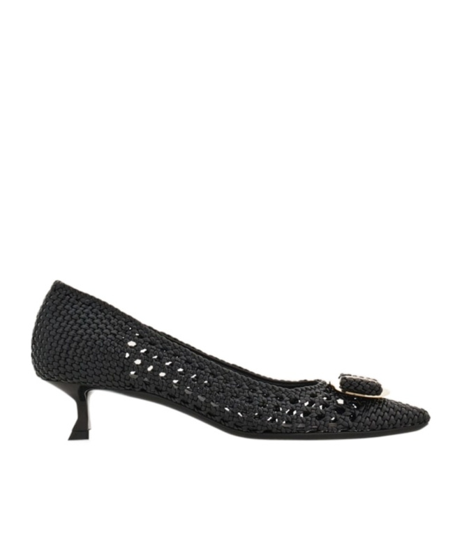 Ferragamo Zelma Woven Leather Buckle Pumps In Black