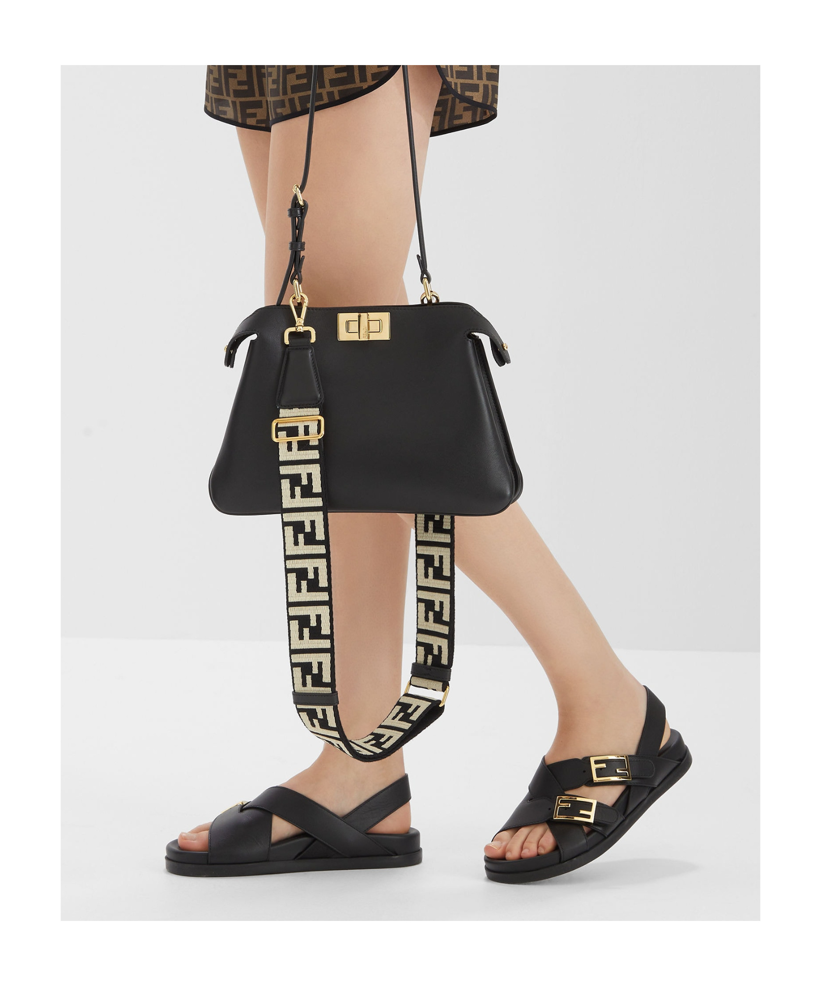 Fendi Women Black Singback Sandals With Ff Buckle Closure And Criss-crossed Straps In Leather Woman In Black