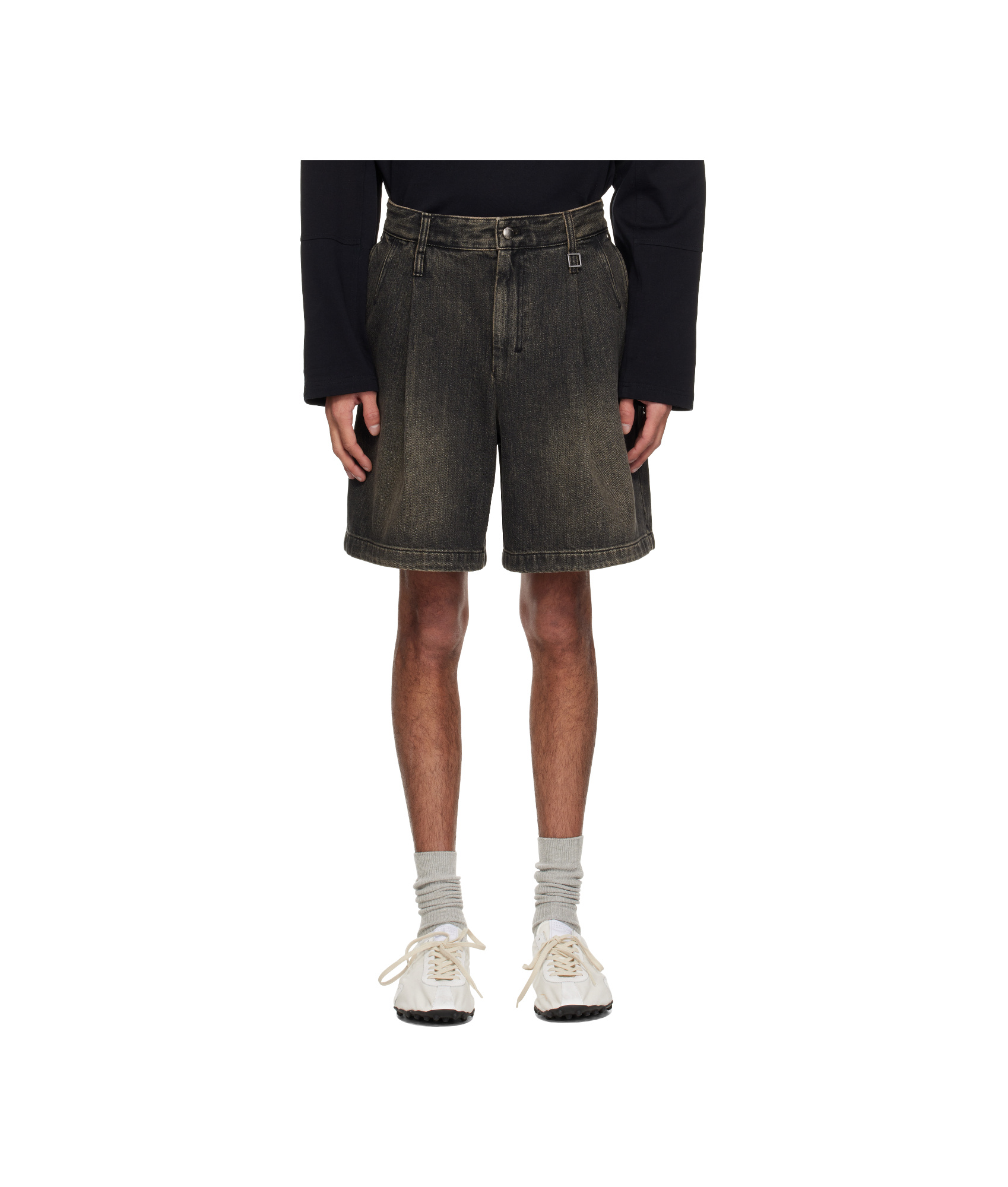 Wooyoungmi Gray One-tuck Washed Denim Shorts In Black