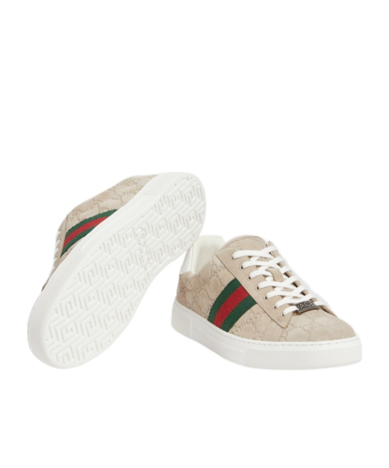 Gucci Beige Low Top Sneakers With Web Detail On The Side And Ace Plaque On The Front In Gg Canvas Wo In Nude