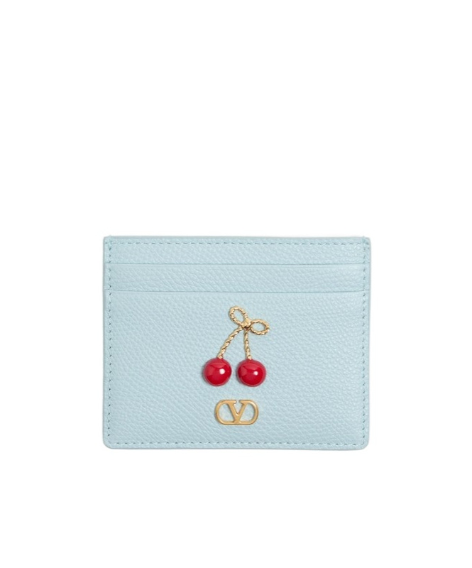Valentino Garavani Cherryfic Grainy Calfskin Cardholder In Blue