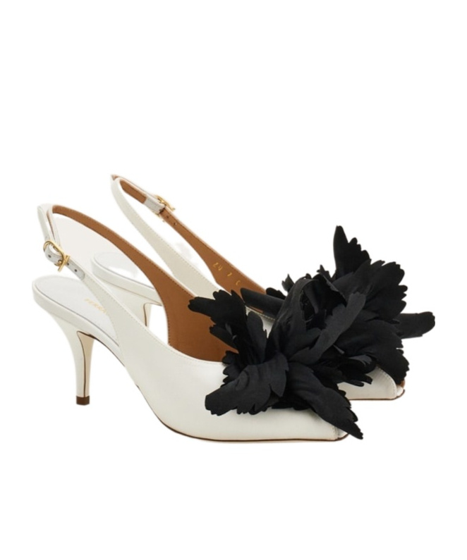 Ferragamo Flower Embellished Slingback In White