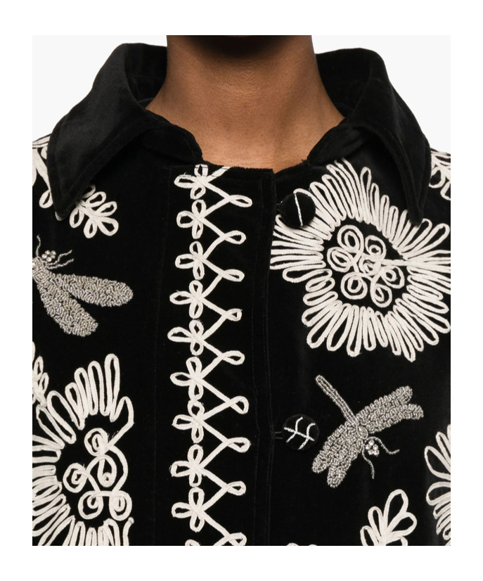 Forte Forte Long Coat With Floral Embroidery And Pockets In Black