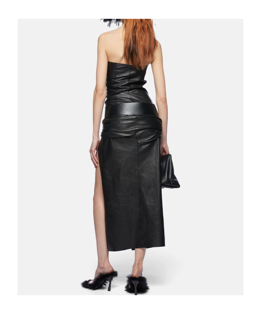 Attico Black Sleeveless Off-shoulder Midi Dress With Front Single Slit And Ruched Waist In Black