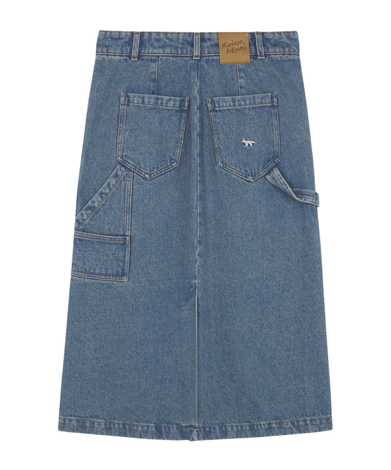 MAISON KITSUNÉ LOGO-EMBROIDERED DENIM MIDI SKIRT